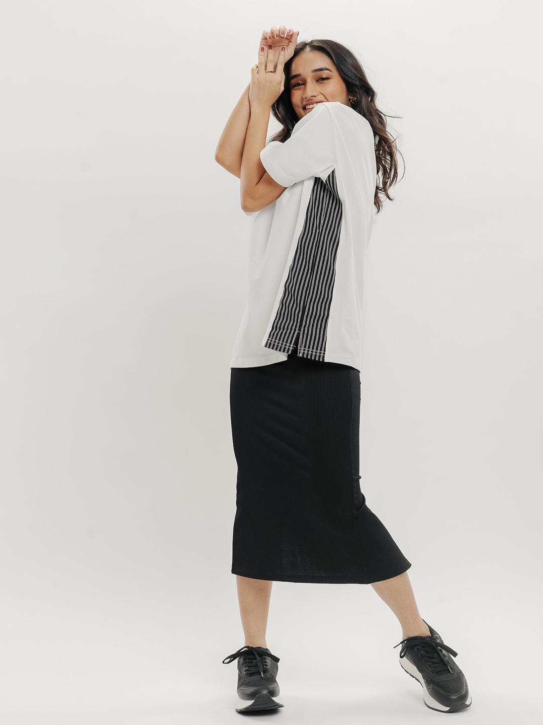 

FREAKINS White Round Neck Drop-Shoulder Sleeves Monochrome Cotton Oversized T-shirt