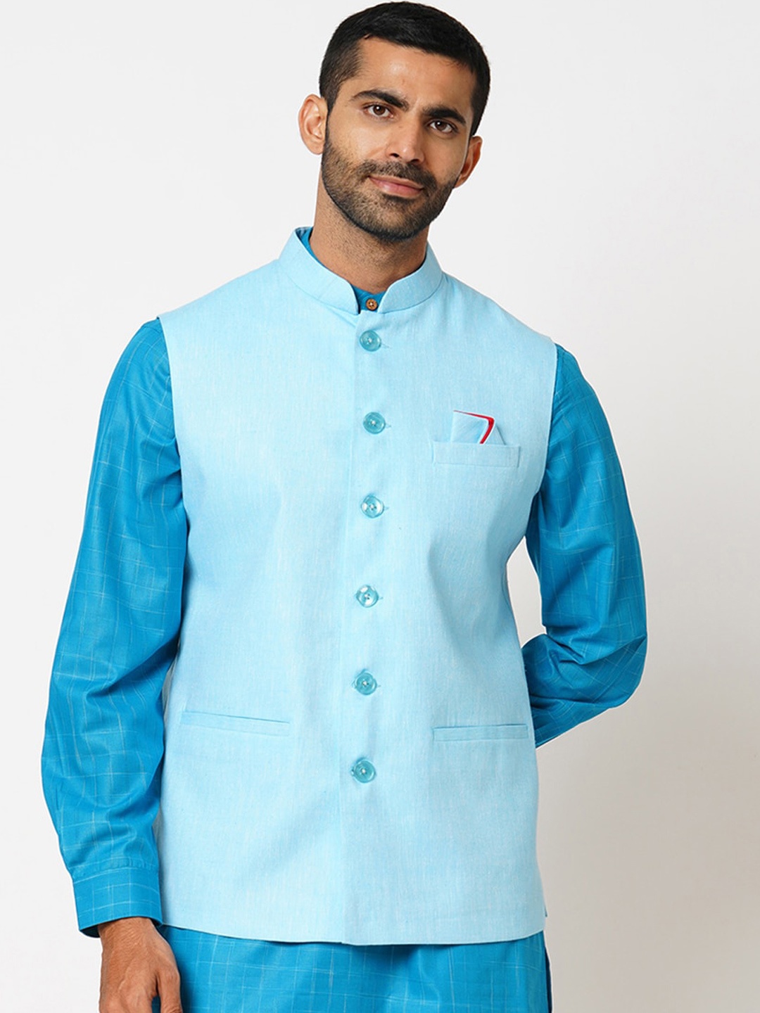 

Indivisual Clothing Woven-Design Nehru Jacket, Blue