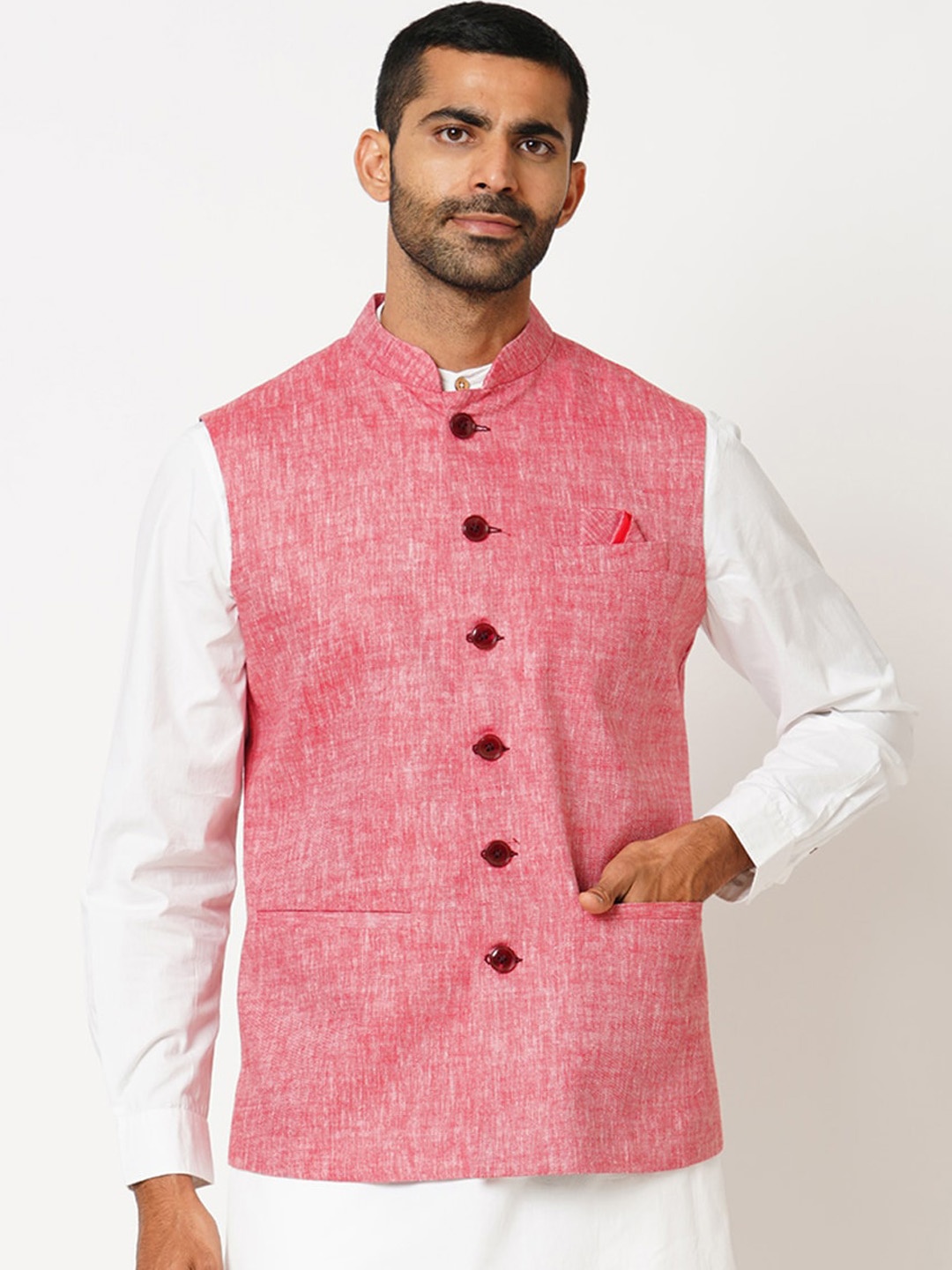 

Indivisual Clothing Men Two Tone Yarn Dyed Woven Nehru Jackets, Red