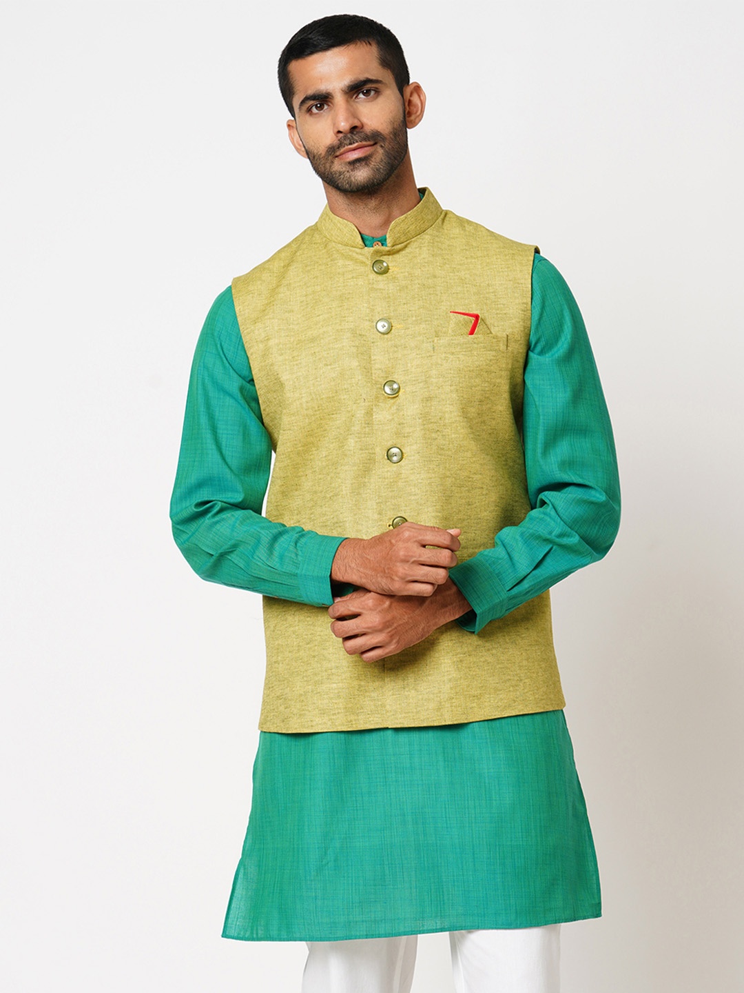 

Indivisual Clothing Woven Design Nehru Jacket, Green