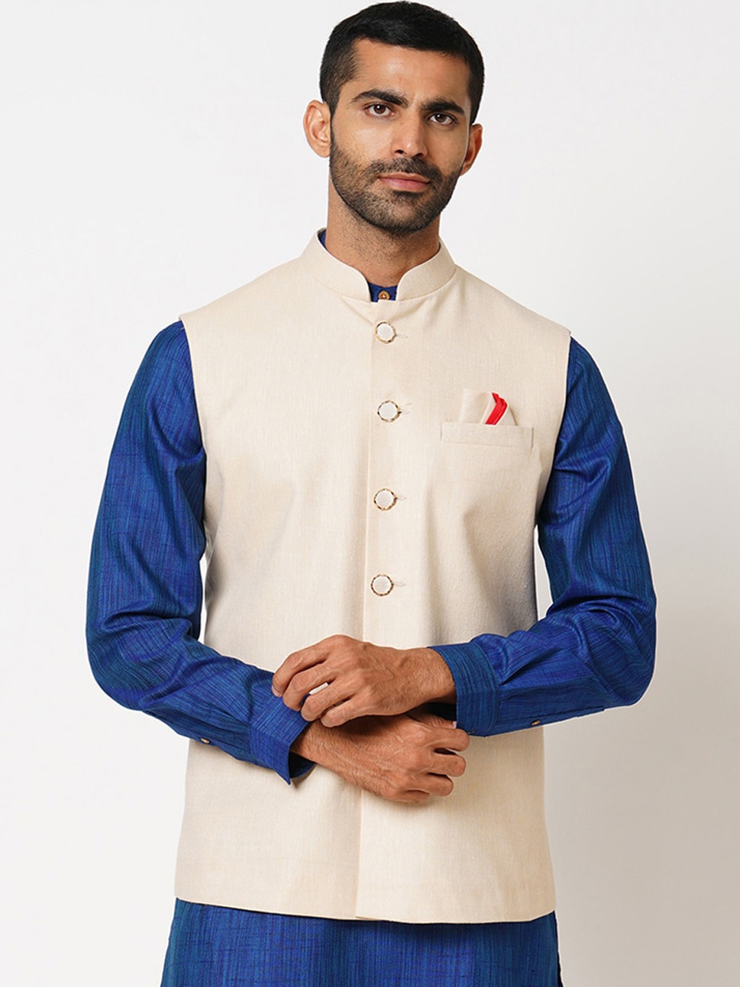 

Indivisual Clothing Woven Design Nehru Jacket, Beige