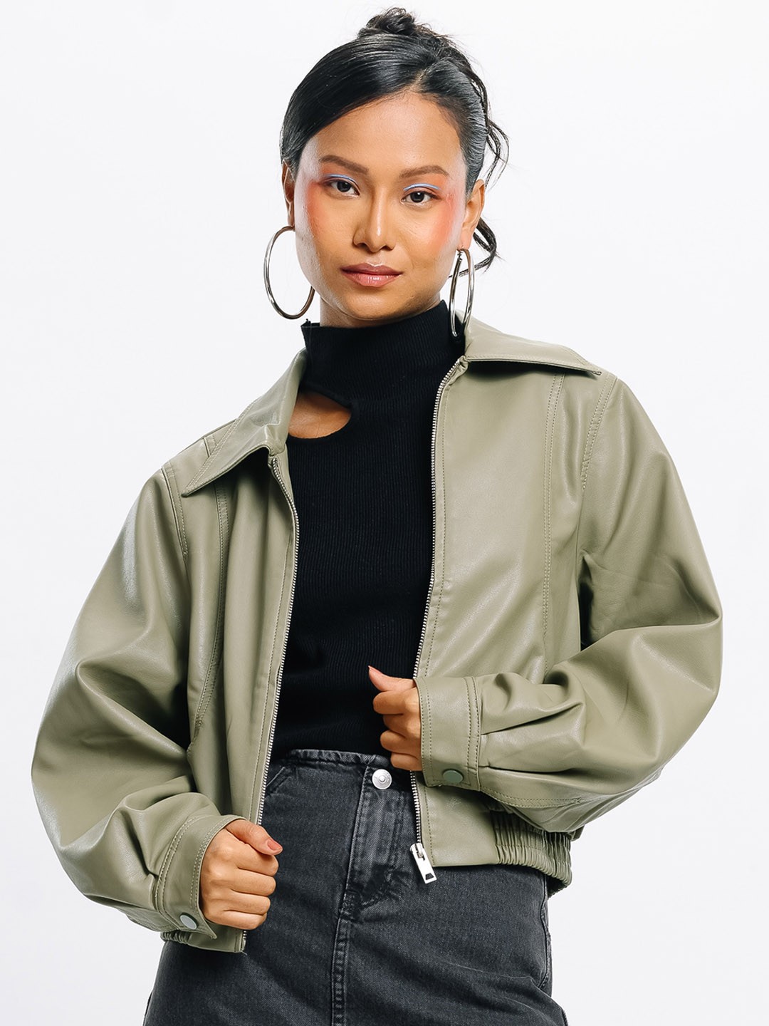 

FREAKINS Spread Collar Long Sleeves Leather Jacket, Green