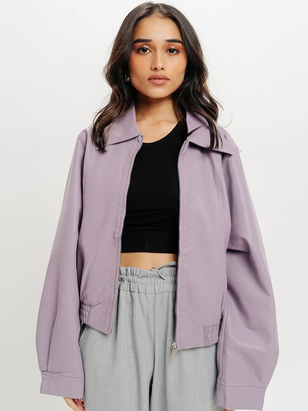 

FREAKINS Spread Collar Long Sleeves Crop Biker Jacket, Lavender