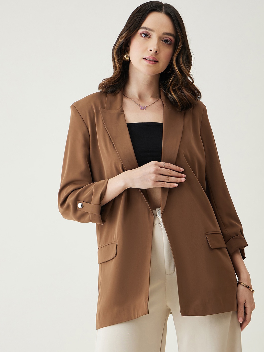 

JUNE & HARRY Notched Lapel Collar Long Sleeves Comfort Fit Single-Breasted Blazer, Brown