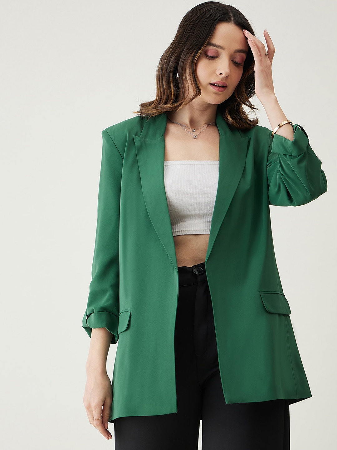 

JUNE & HARRY Women Notched Lapel Collar Open Front Blazers, Green