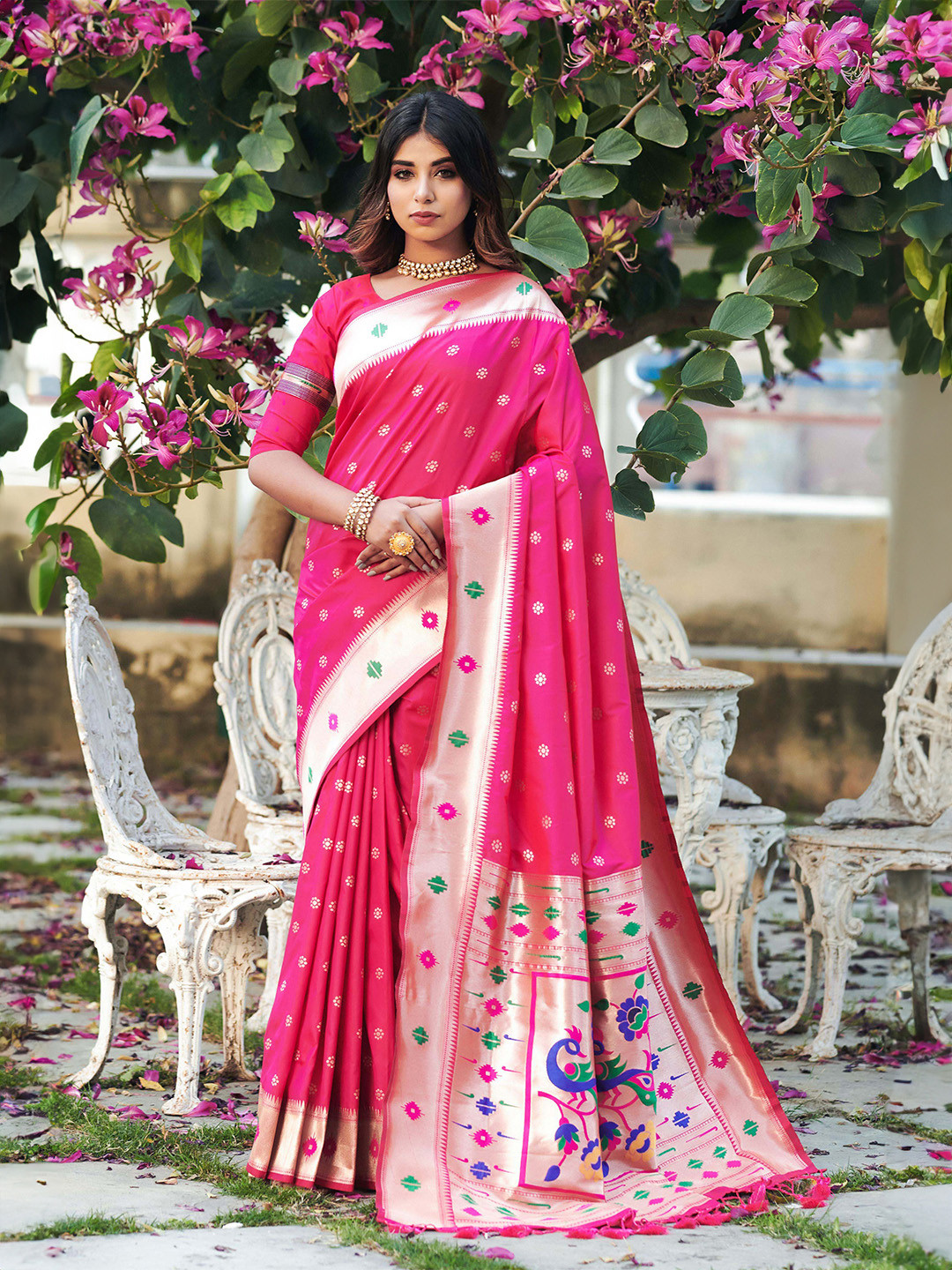 

Anouk Woven Design Zari Pure Silk Paithani Saree, Pink