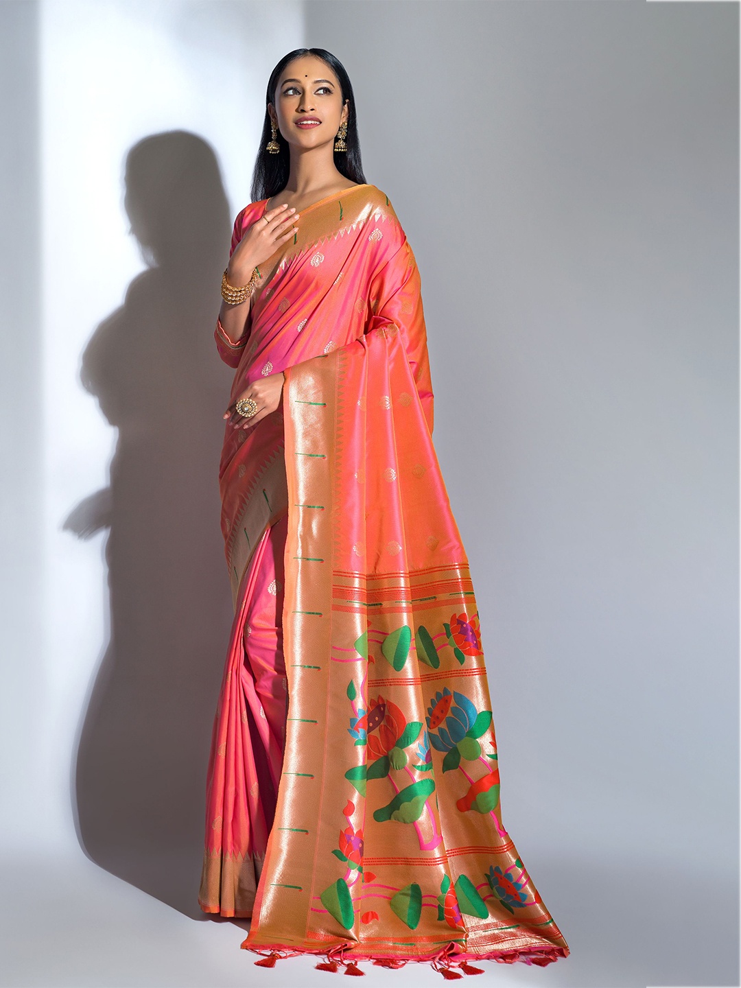

Anouk Woven Design Zari Pure Silk Paithani Saree, Peach