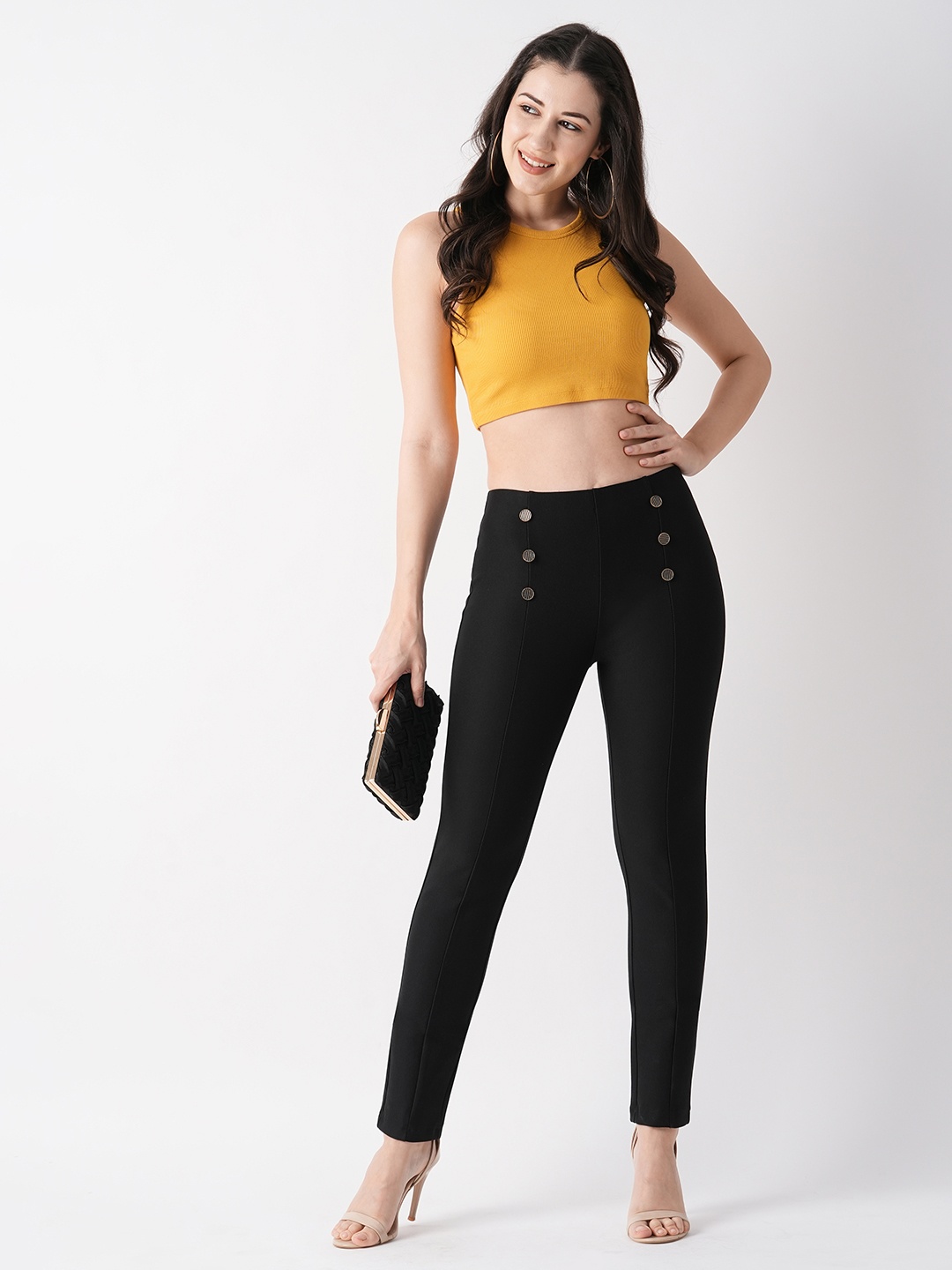 

Globus Stretchable Flat Front Button Detail Skinny Fit Workwear Treggings, Black