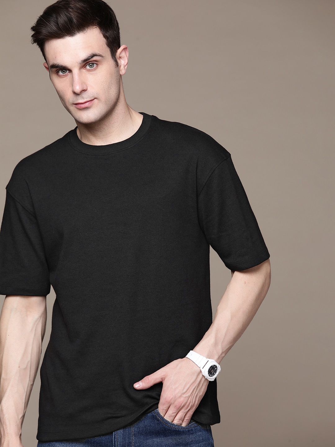 

Roadster Men Pure Cotton Boxy T-shirt, Black