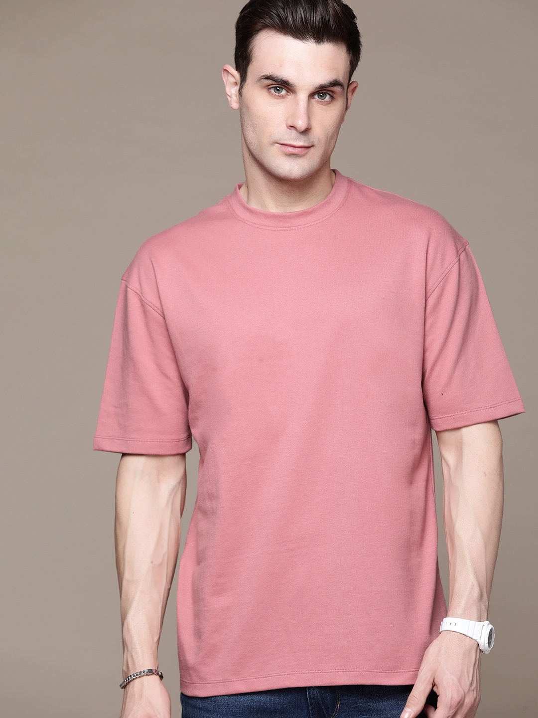 

Roadster Men Pure Cotton Boxy T-shirt, Pink