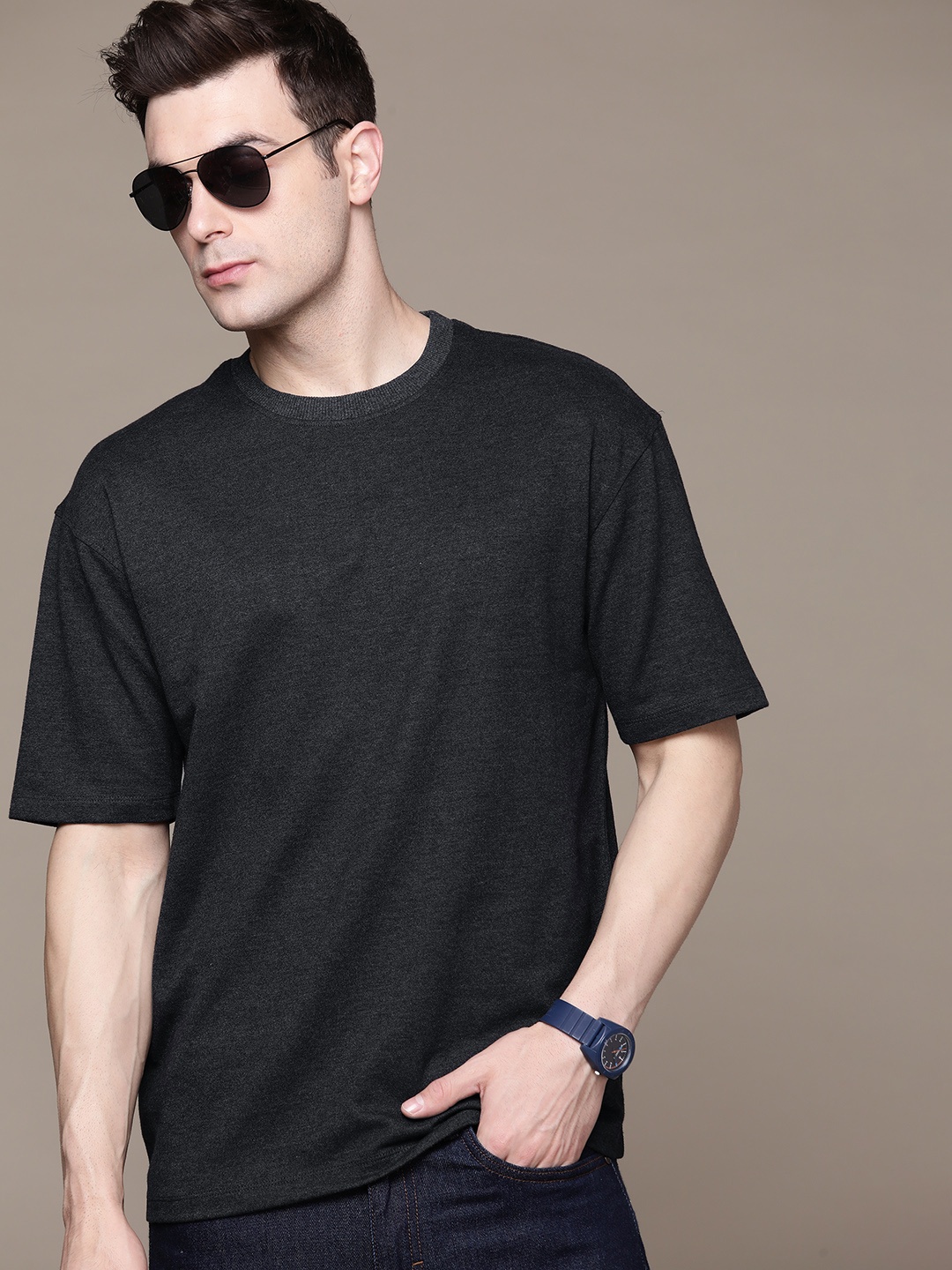 

Roadster Men Pure Cotton Boxy T-shirt, Charcoal