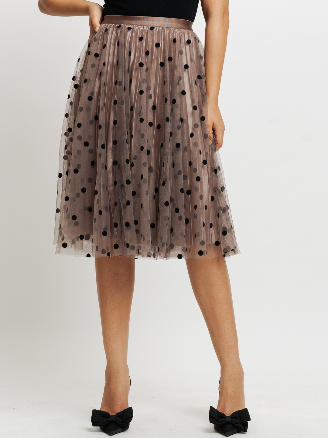 

FREAKINS Polka Dot Printed Knee Length Flared Skirt, Rose gold