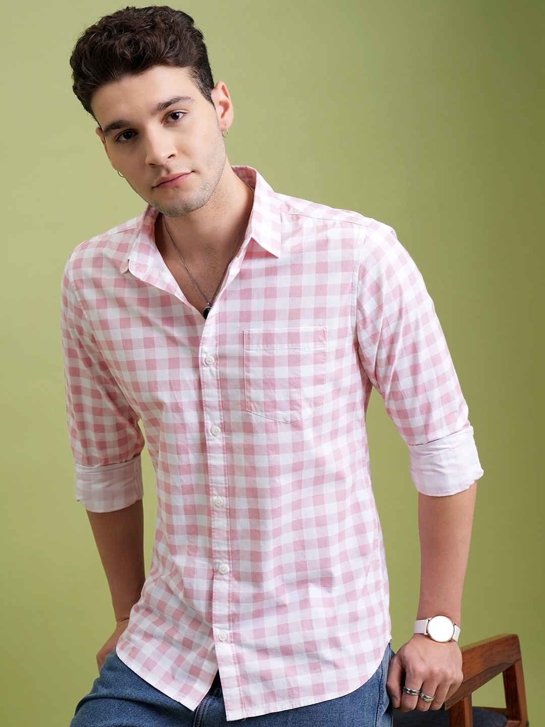 

HIGHLANDER Checked Slim Fit Shirt, Pink