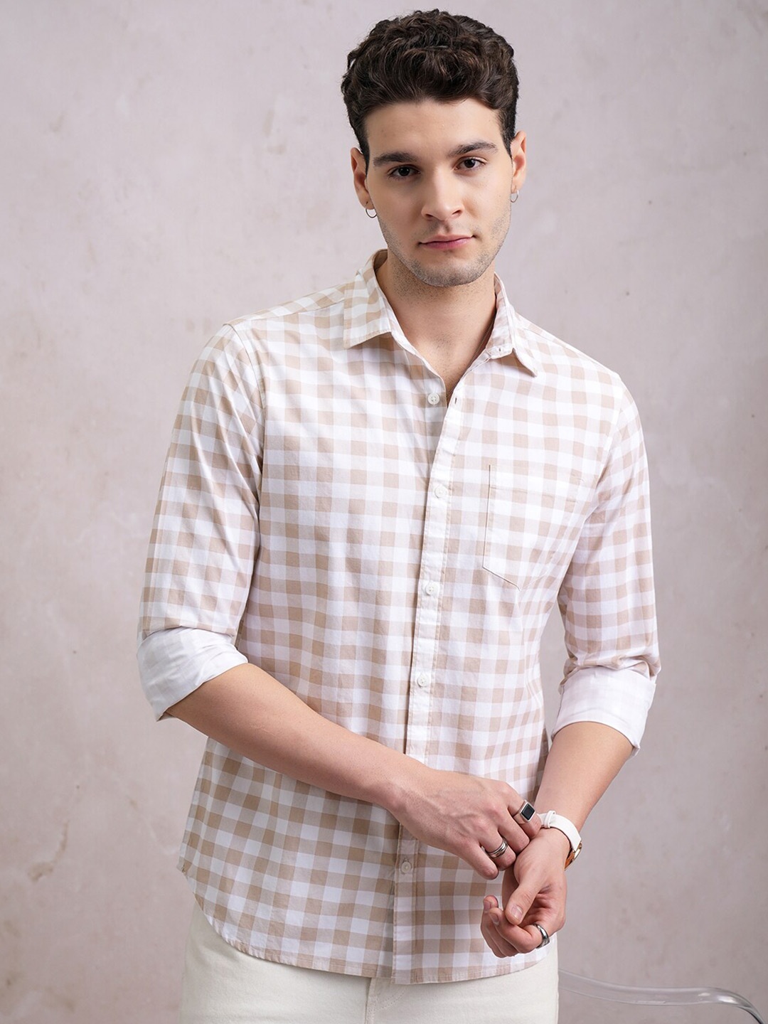 

HIGHLANDER Checked Slim Fit Shirt, Beige