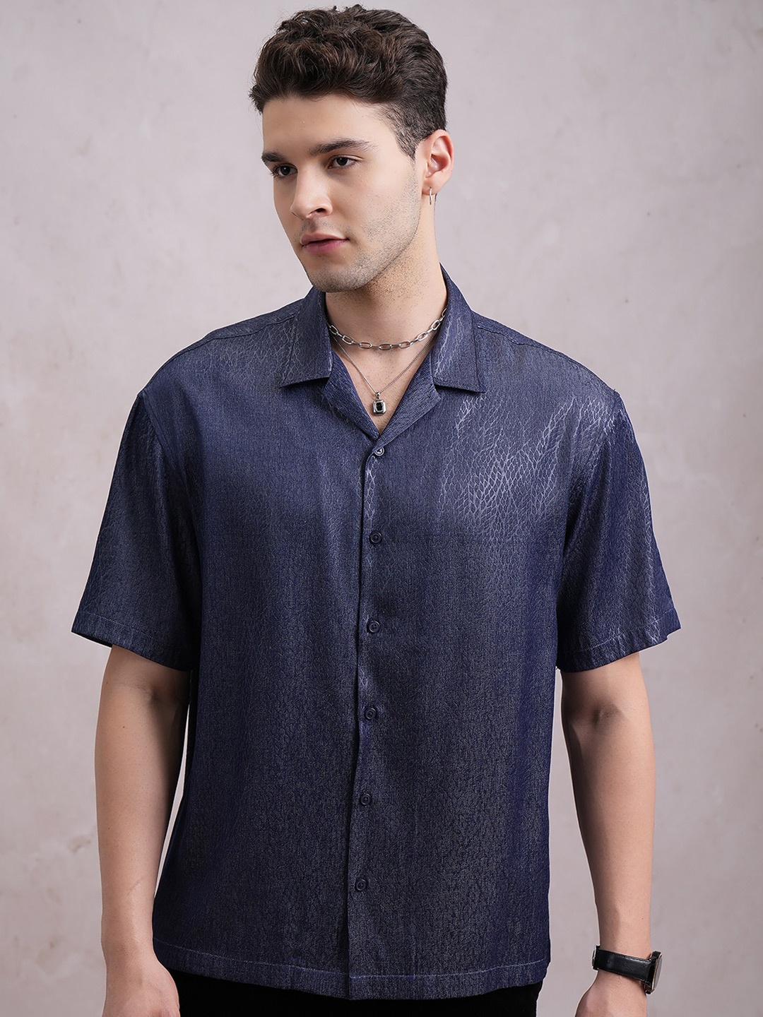 

Highlander Men Silky Embossed Textured Cuban Collar Oversied Shirt, Navy blue