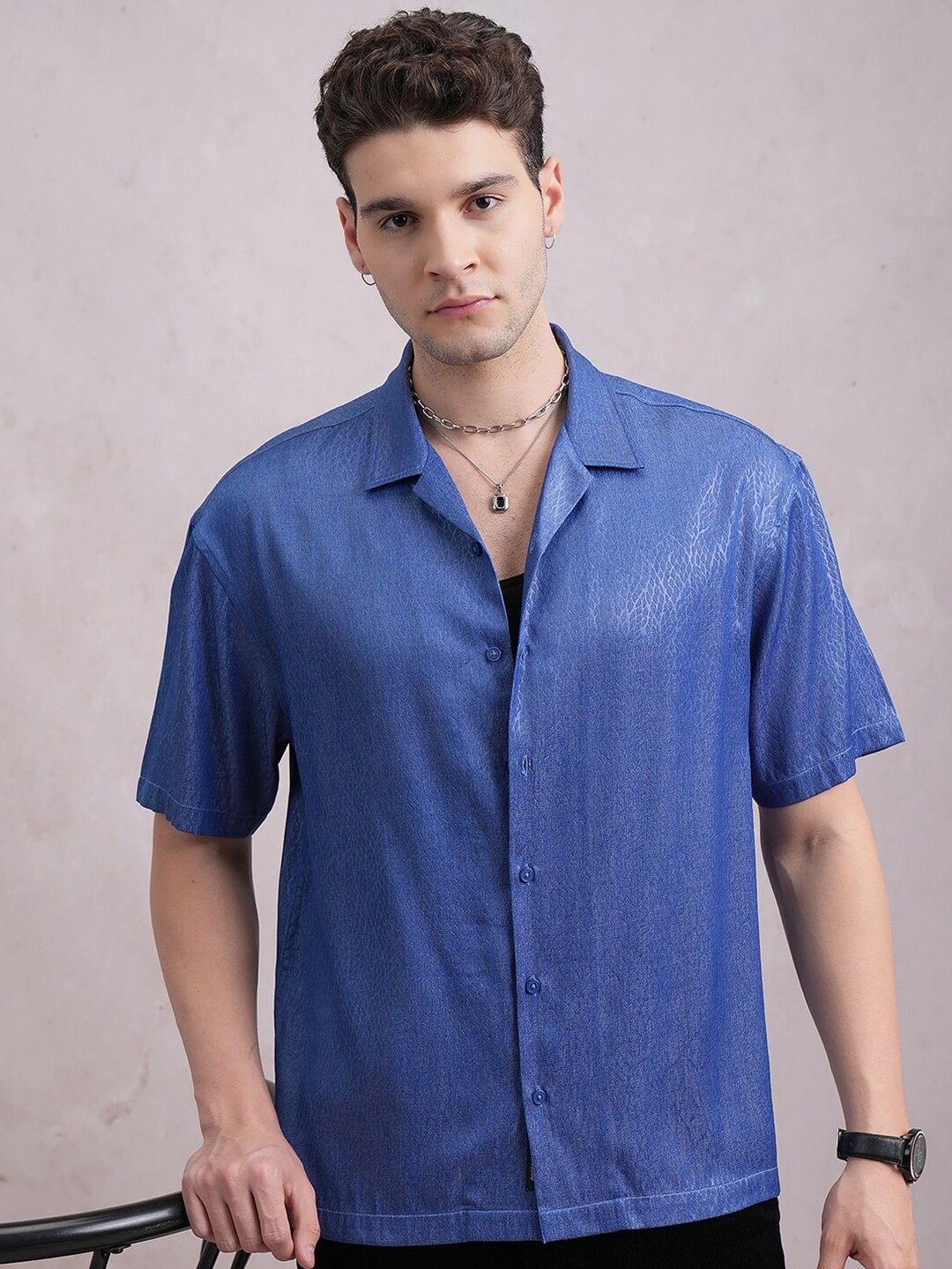 

Highlander Men Silky Embossed Textured Cuban Collar Oversied Shirt, Blue