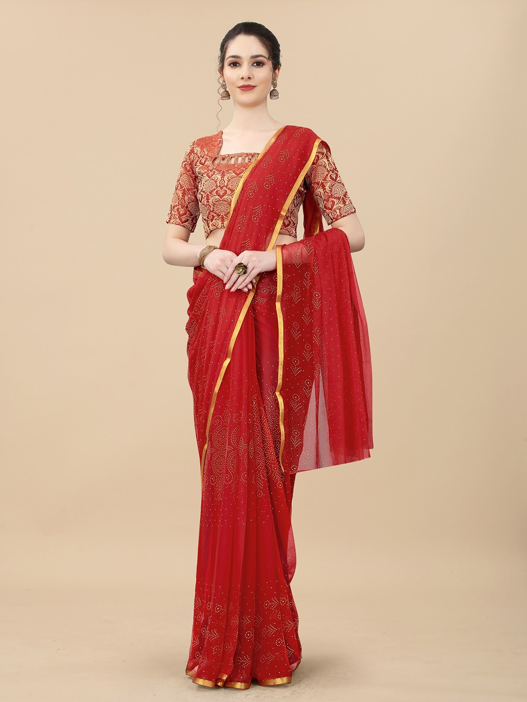 

Aardiva Floral Zari Poly Chiffon Saree, Red