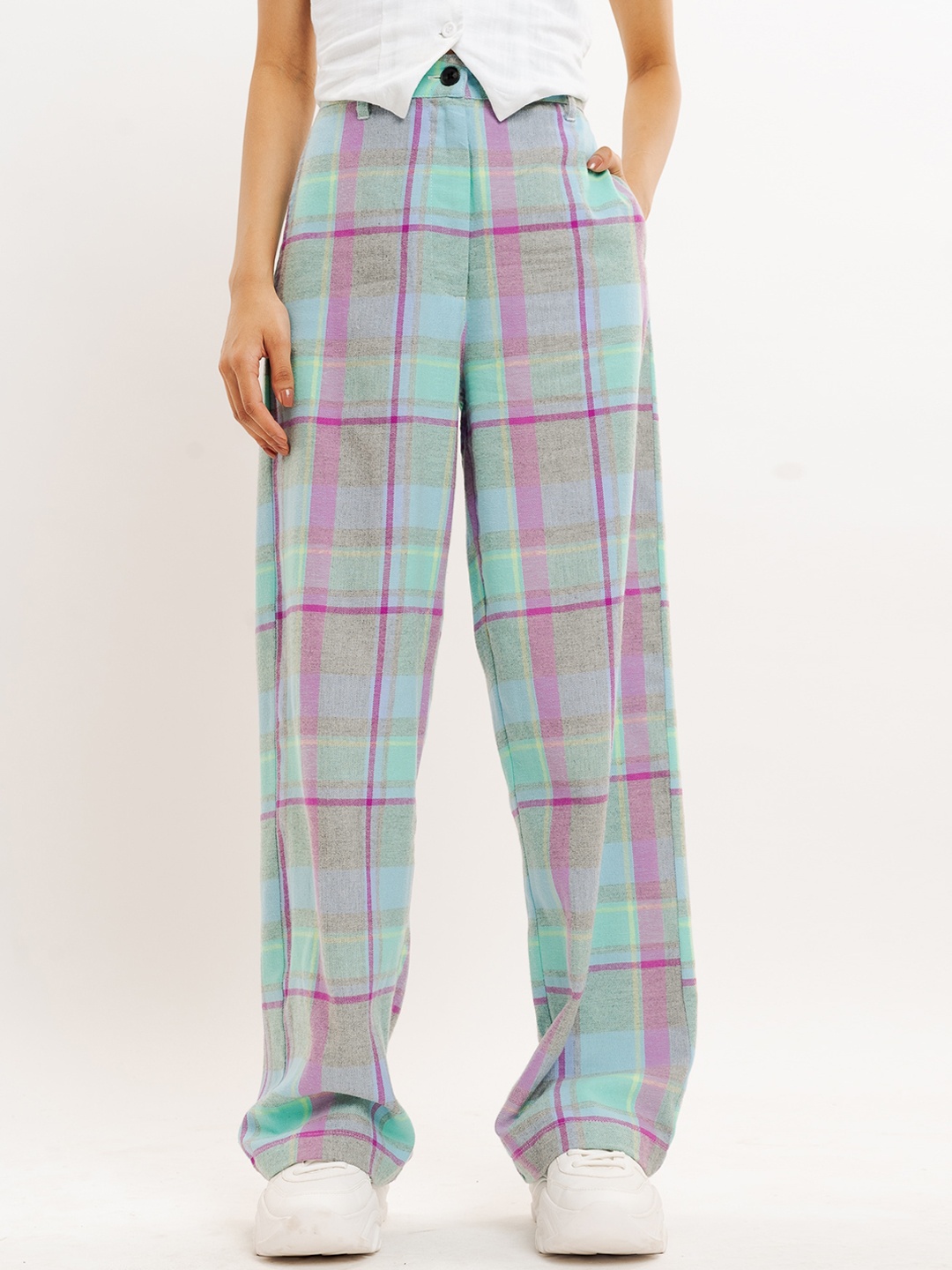 

FREAKINS Women Checked Relaxed Straight Leg Straight Fit Trousers, Multi