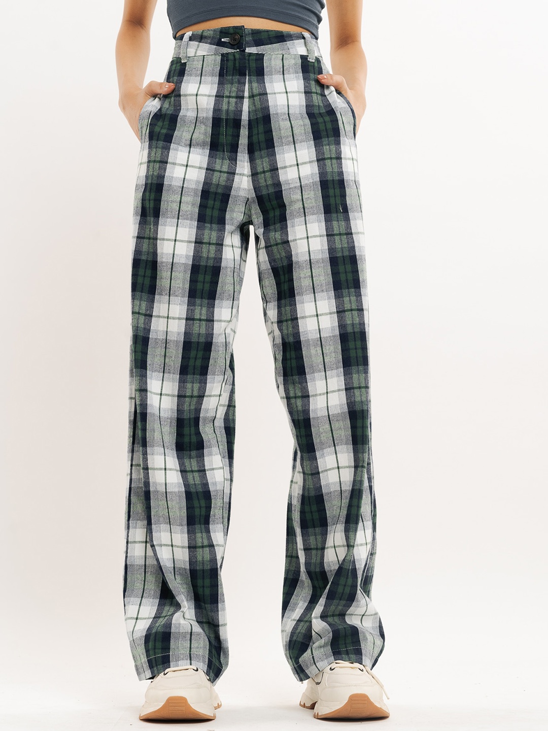

FREAKINS Women Checked Relaxed Straight Leg Straight Fit Trousers, Multi