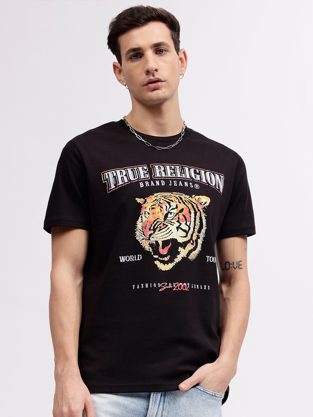 True Religion Men Typography Printed Applique T-shirt, Black