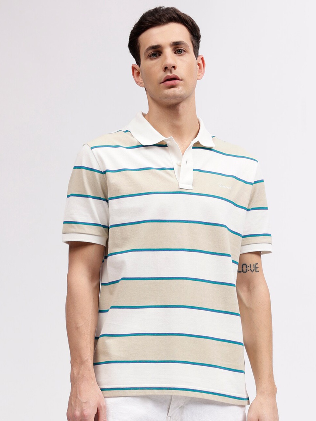 

GANT Striped Polo Neck Regular Fit T-Shirt, Beige