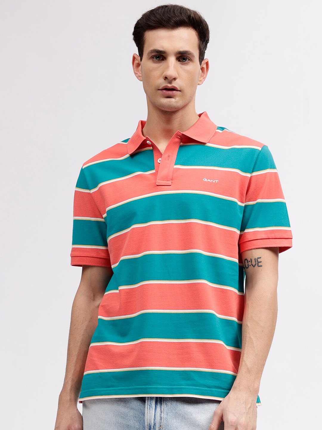 

GANT Striped Polo Neck Regular Fit T-Shirt, Blue