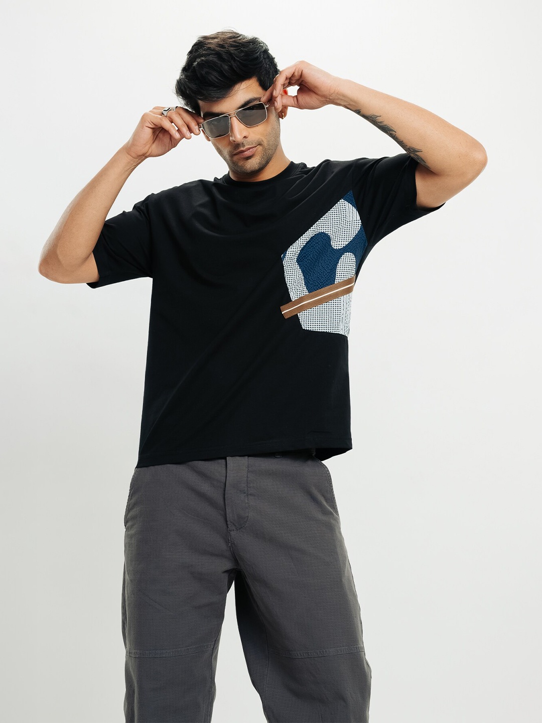 

FREAKINS Black Round Neck Short Sleeves Cotton Oversized T-shirt