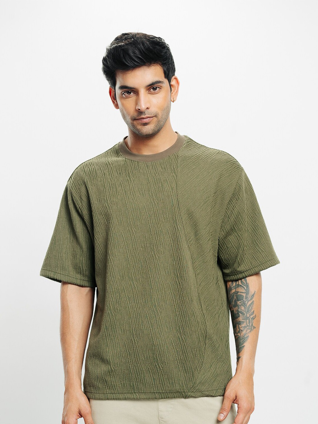 

FREAKINS Olive Green Self Design Round Neck Extended Sleeves Cotton Oversized T-shirt