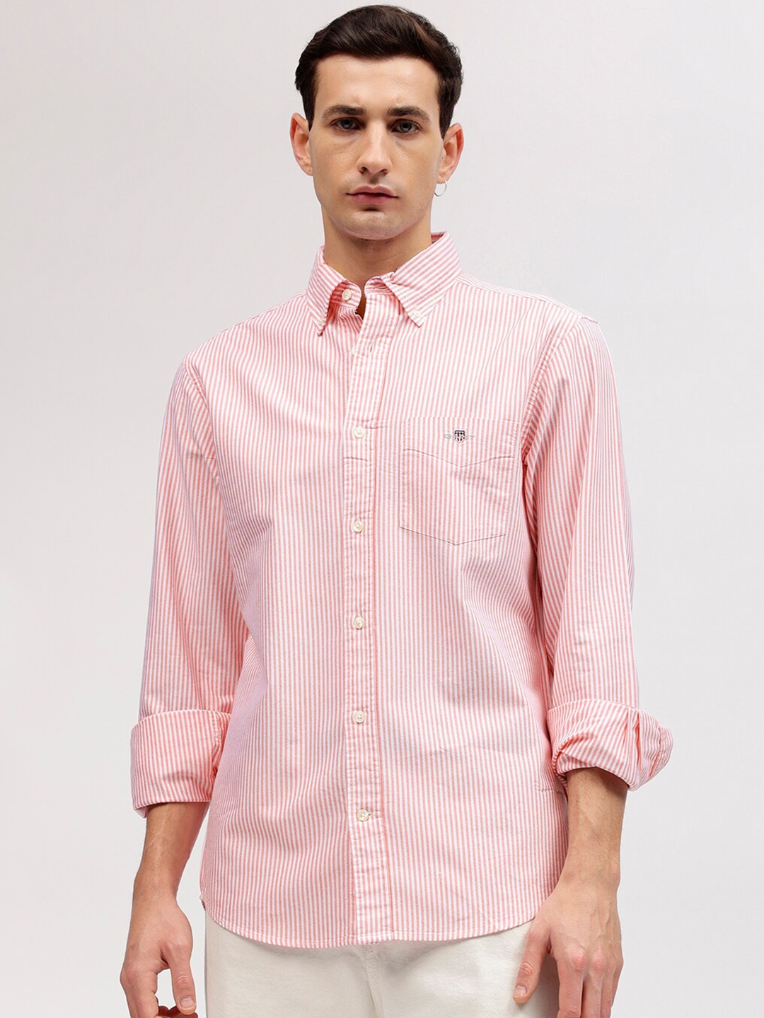 

GANT Striped Button Down Regular Fit Shirt, Pink