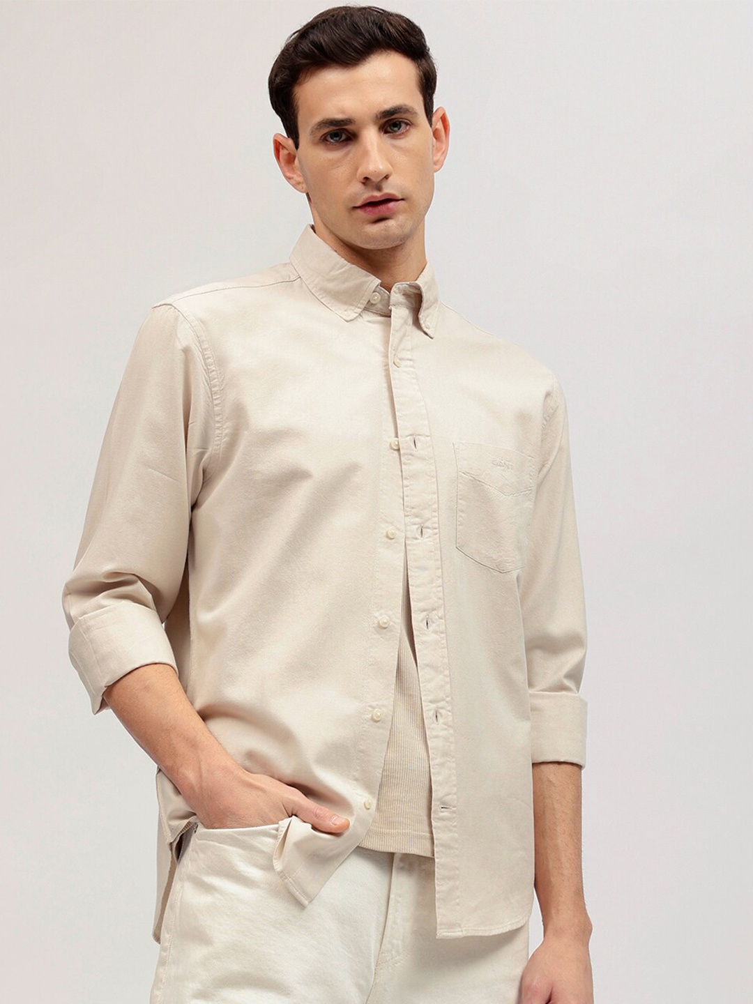 

GANT Solid Button Down Regular Fit Shirt, Beige