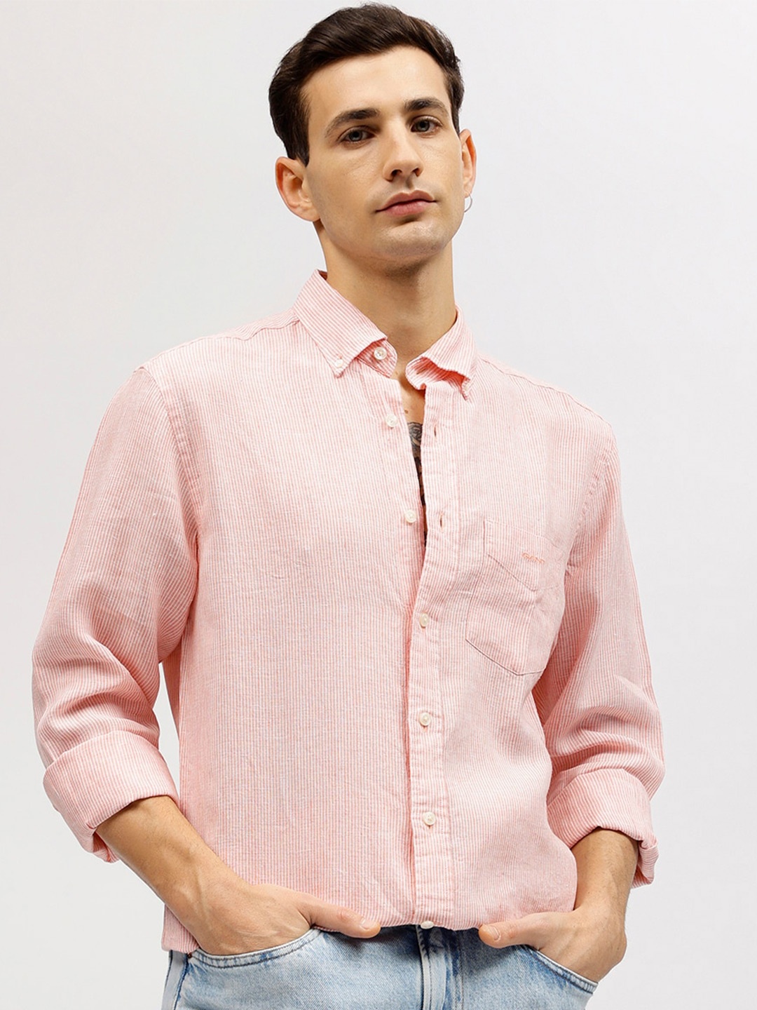 

GANT Striped Button Down Linen Regular Fit Shirt, Pink