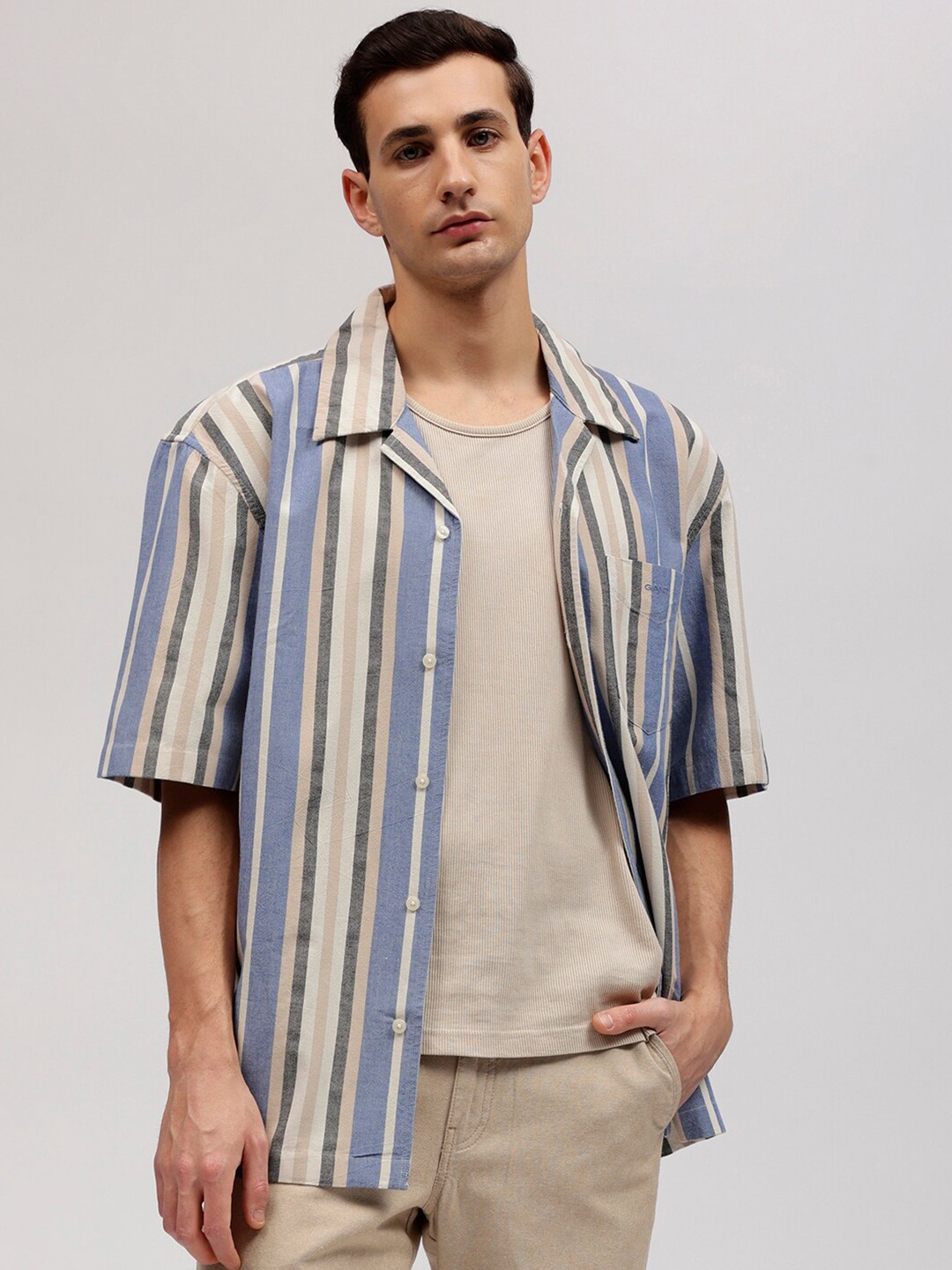 

GANT Striped Cuban Collar Relaxed Fit Shirt, Blue