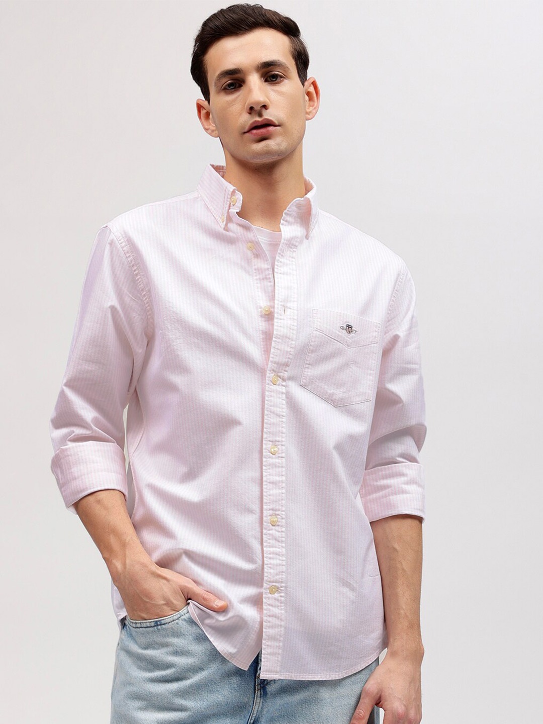 

GANT Striped Button Down Regular Fit Shirt, Pink