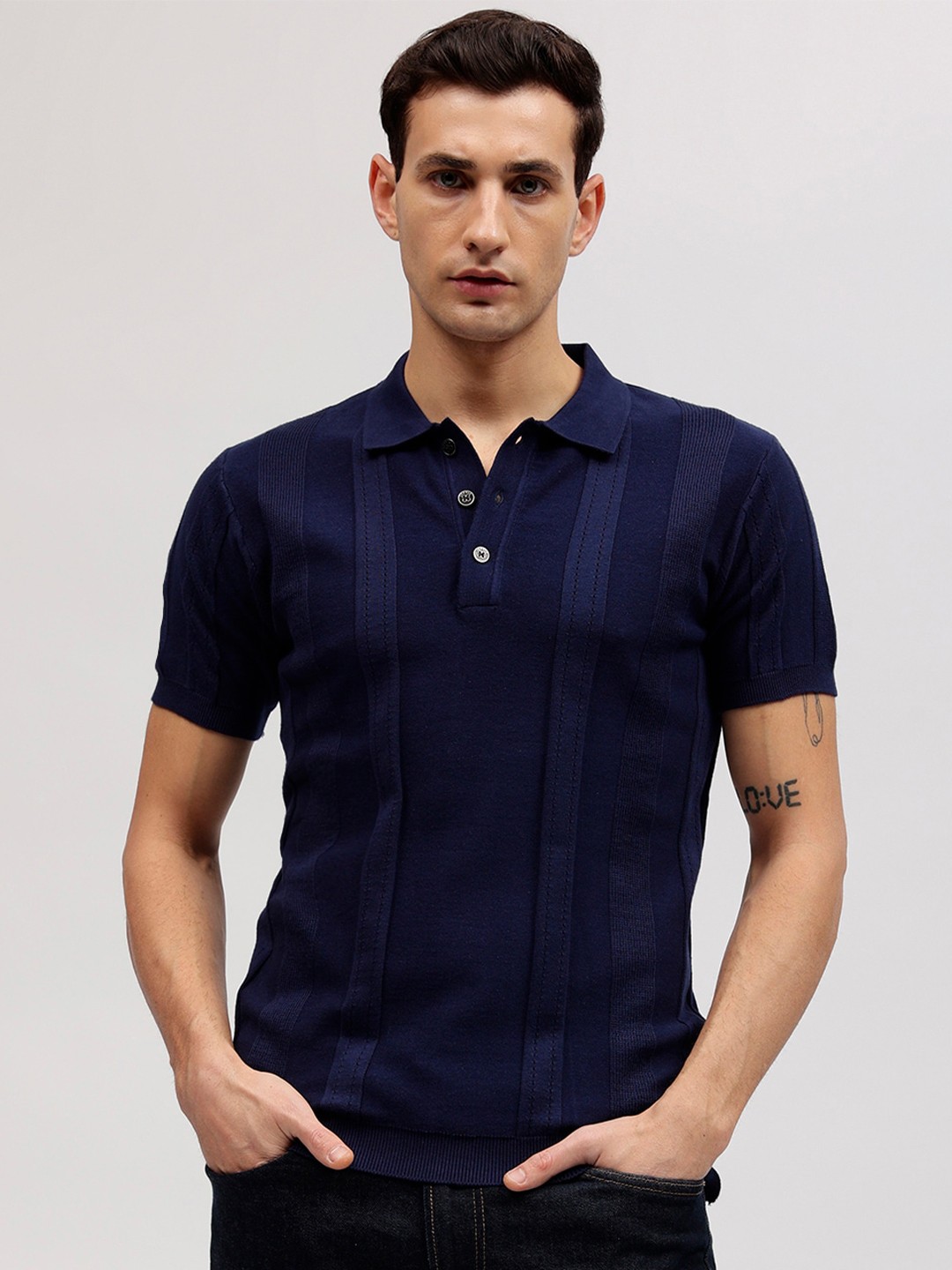 

Iconic Striped Polo Collar Short Sleeves Cotton T-shirt, Navy blue