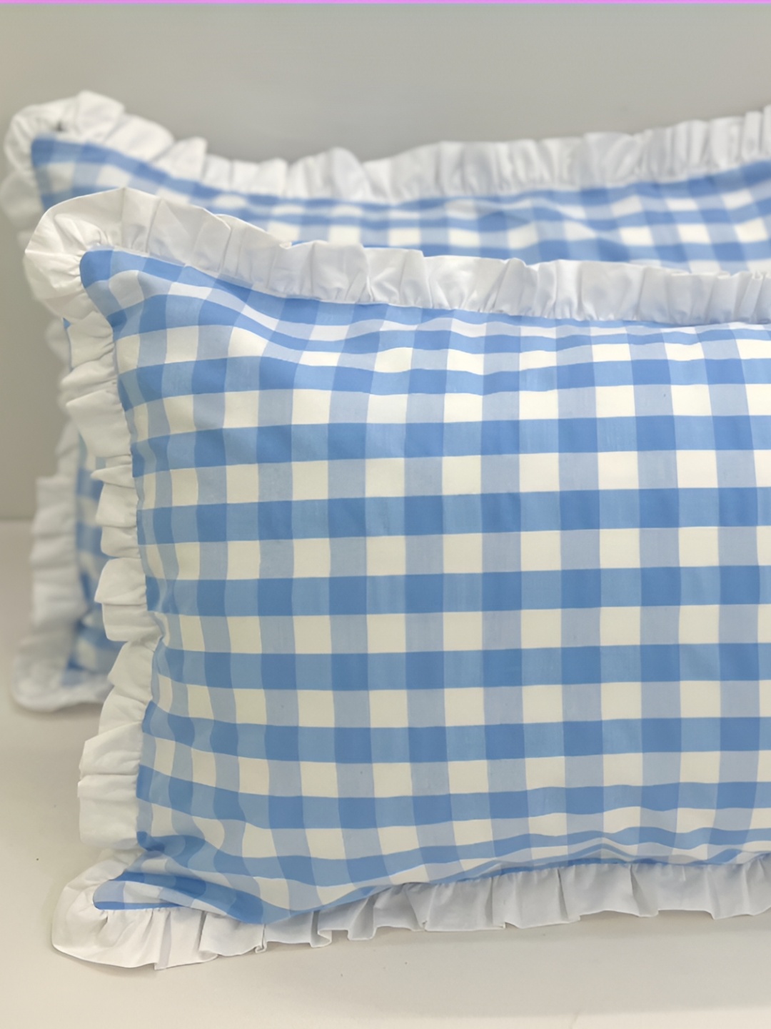 

SLEEPY THREADS Blue & White 2 Pieces Checked Pure Cotton Square Pillow Covers