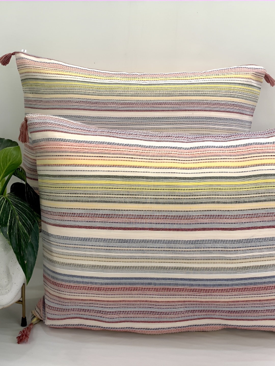 

SLEEPY THREADS Yellow & Pink 2 Pieces Striped Pure Cotton Square Pillow Covers