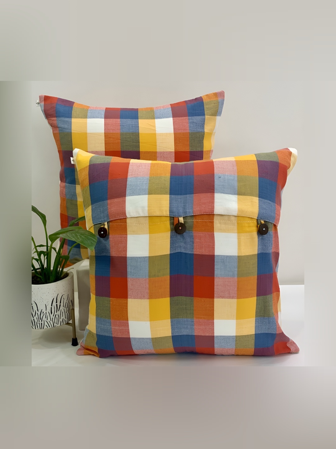 

SLEEPY THREADS Blue & Yellow Set of 5 Checked Square Cushion Covers