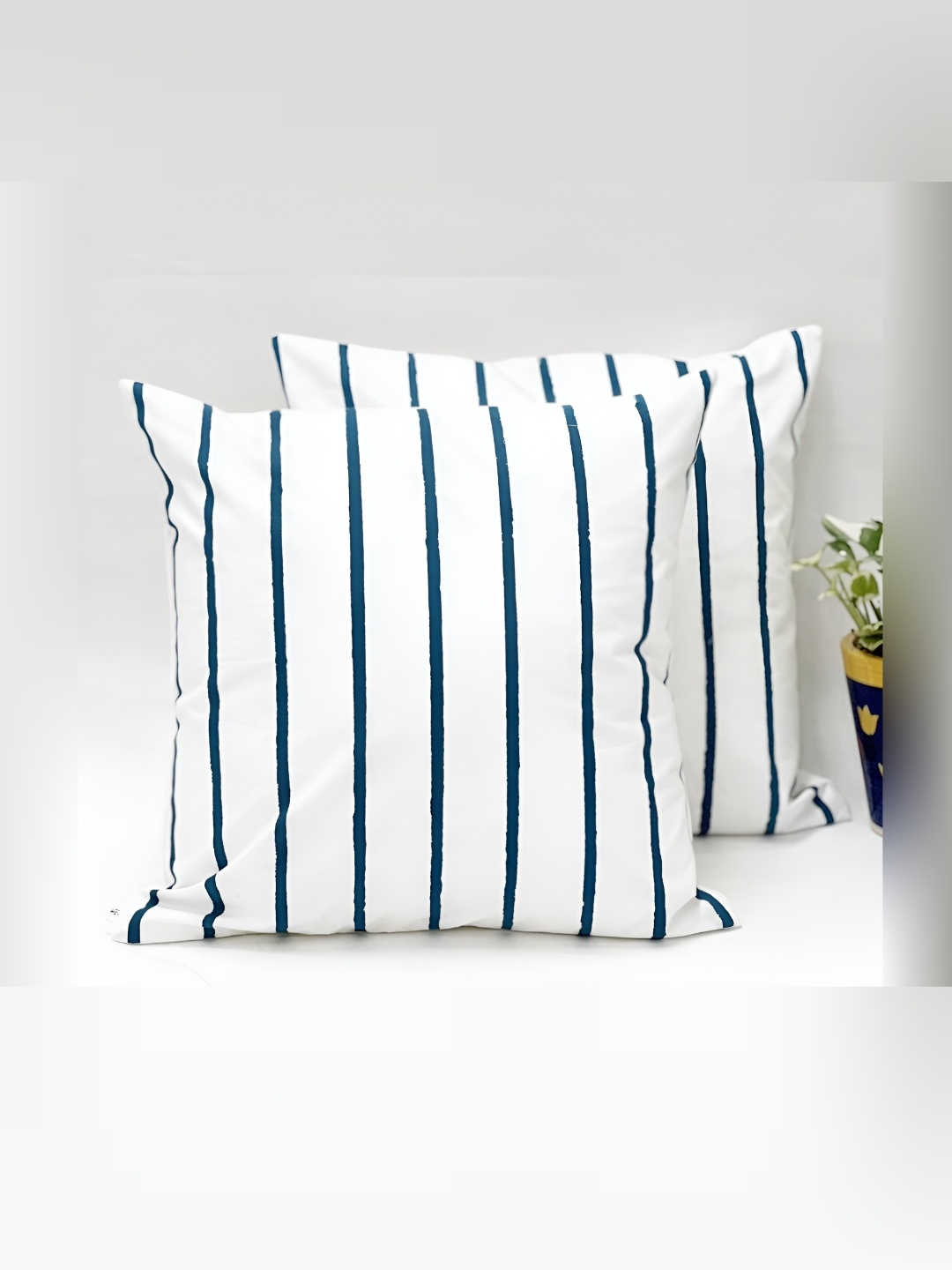 

SLEEPY THREADS White & Blue Set of 2 Striped Square Cushion Covers