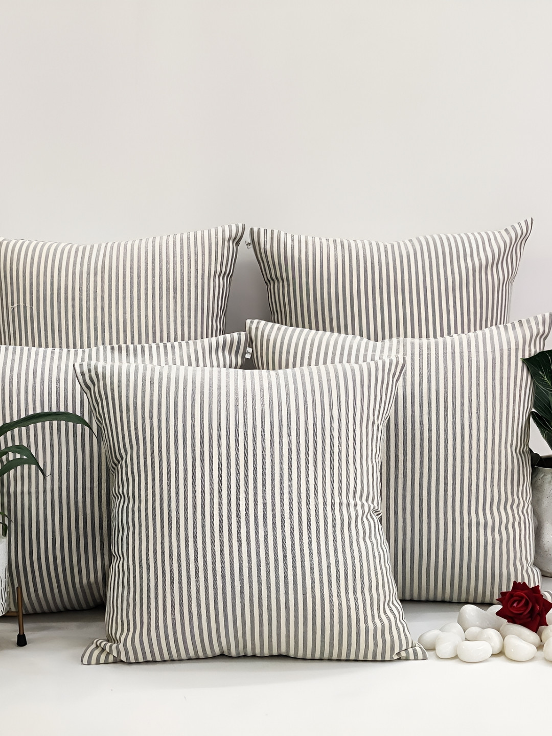 

SLEEPY THREADS Grey & Off White Set of 5 Striped Square Cushion Covers