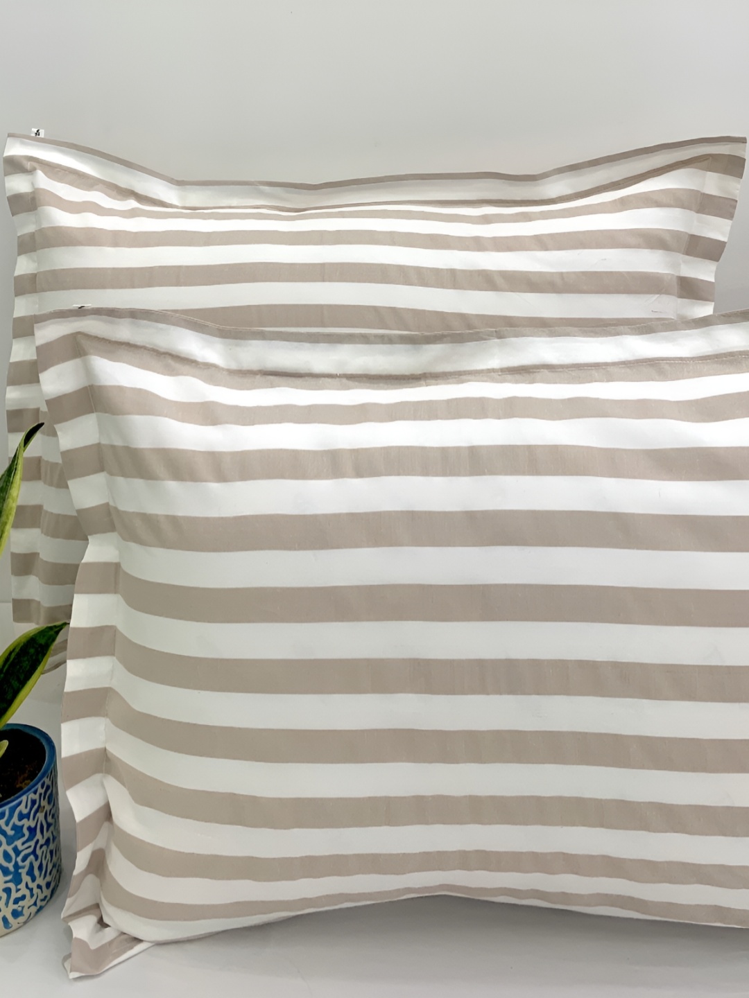 

SLEEPY THREADS White & Beige 2 Pieces Striped Pure Cotton Rectangle Pillow Covers