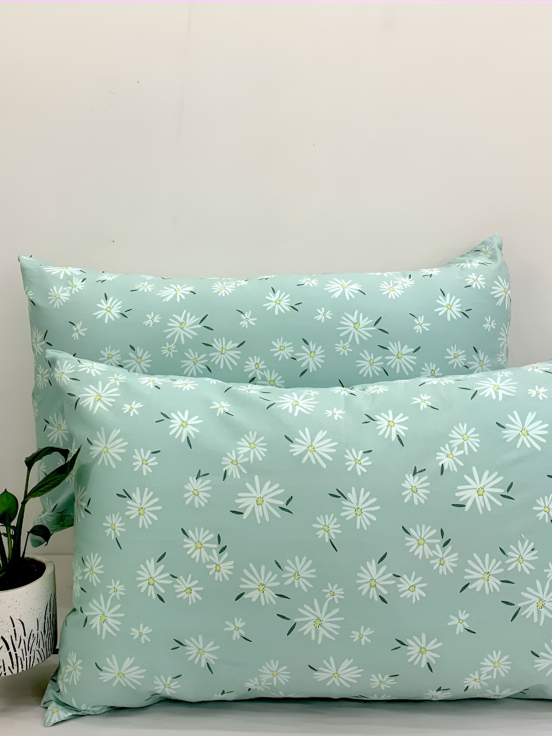 

SLEEPY THREADS Blue & White 2 Pieces Self Design Pure Cotton Rectangle Pillow Covers