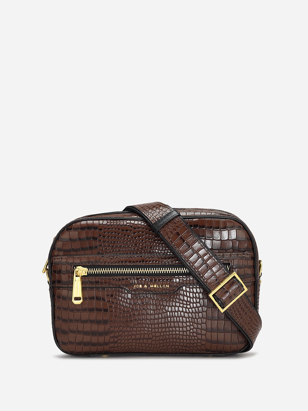 

Joe & Mellon Animal Textured Leather Structured Sling Bag with Cut Work, Brown