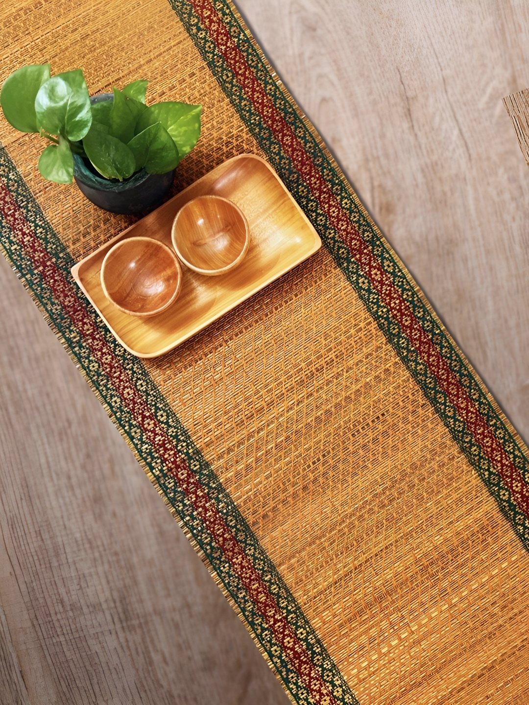 

Peepul Tree Brown & Green Self-Design Table Runner