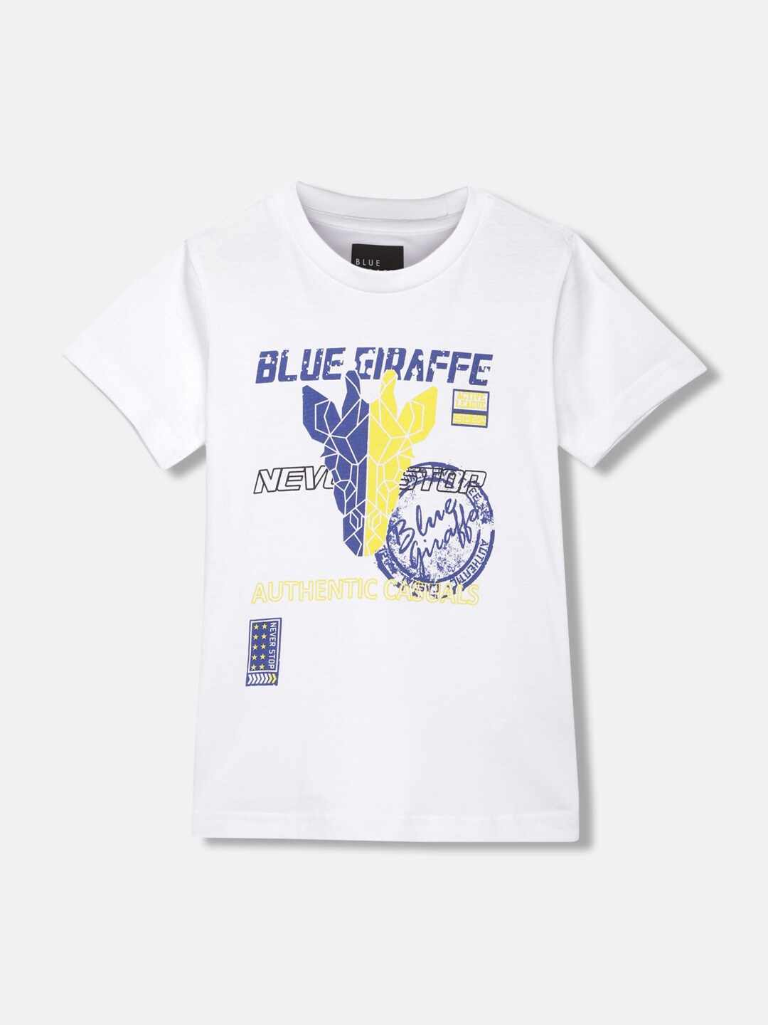

Blue Giraffe Boys Typography Printed V-Neck Applique T-shirt, White