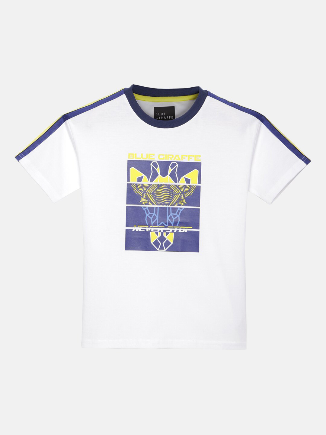 

Blue Giraffe Boys Printed Applique T-shirt, White