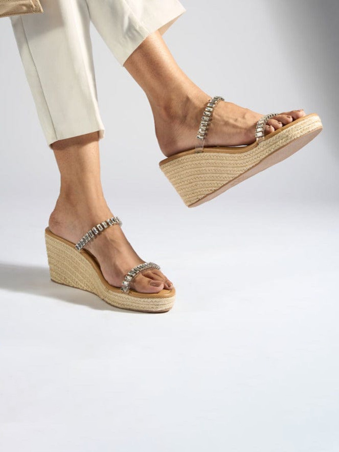 

CAI Embellished Open Toe Jute Strapped Wedge Heels, Nude