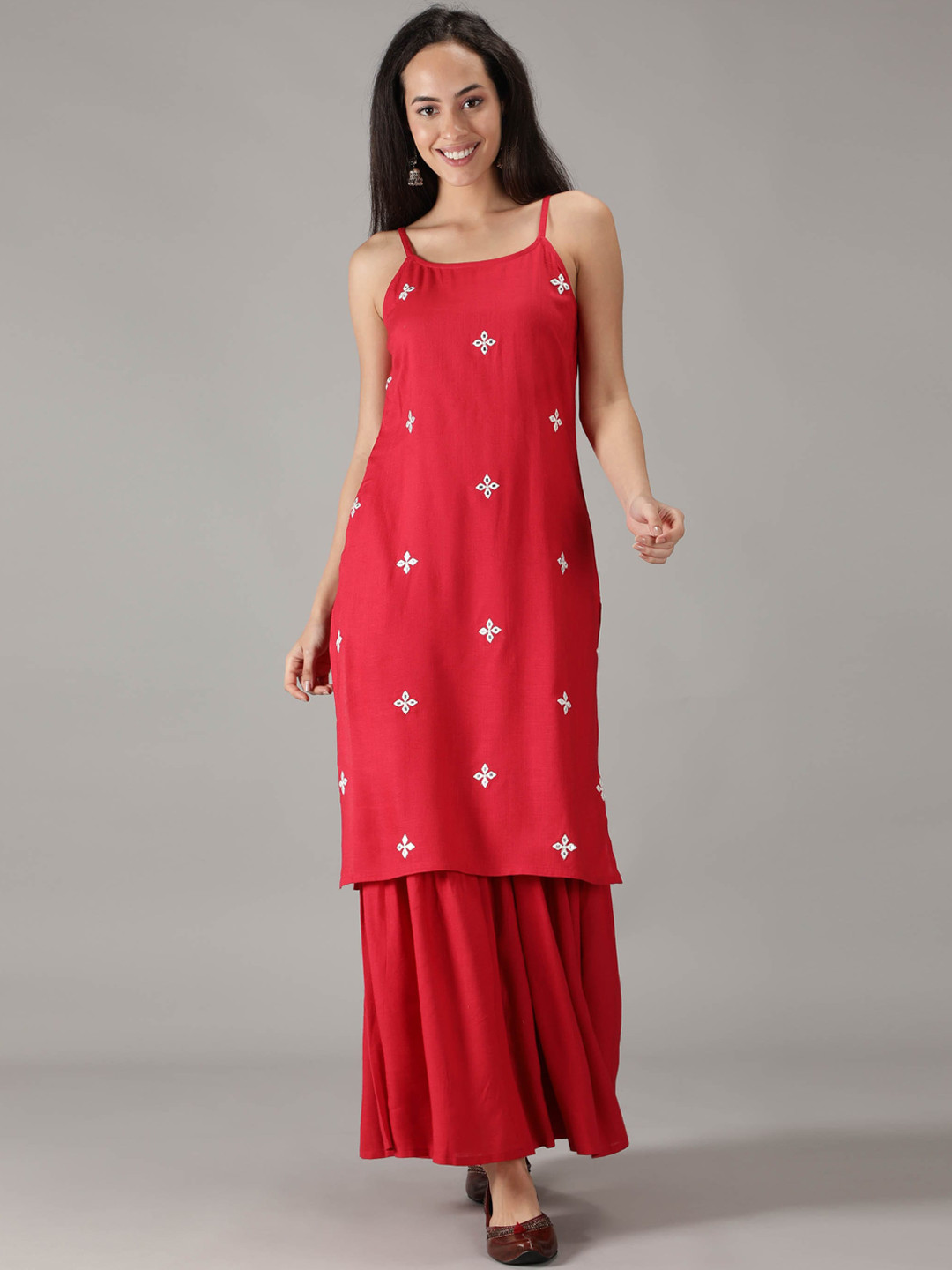 

KASYA Floral Embroidered Kurta With Palazzo, Red
