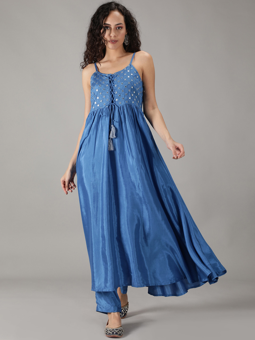 

KASYA Shoulder Straps Embroidered Regular Mirror Work Kurta with Trousers, Blue