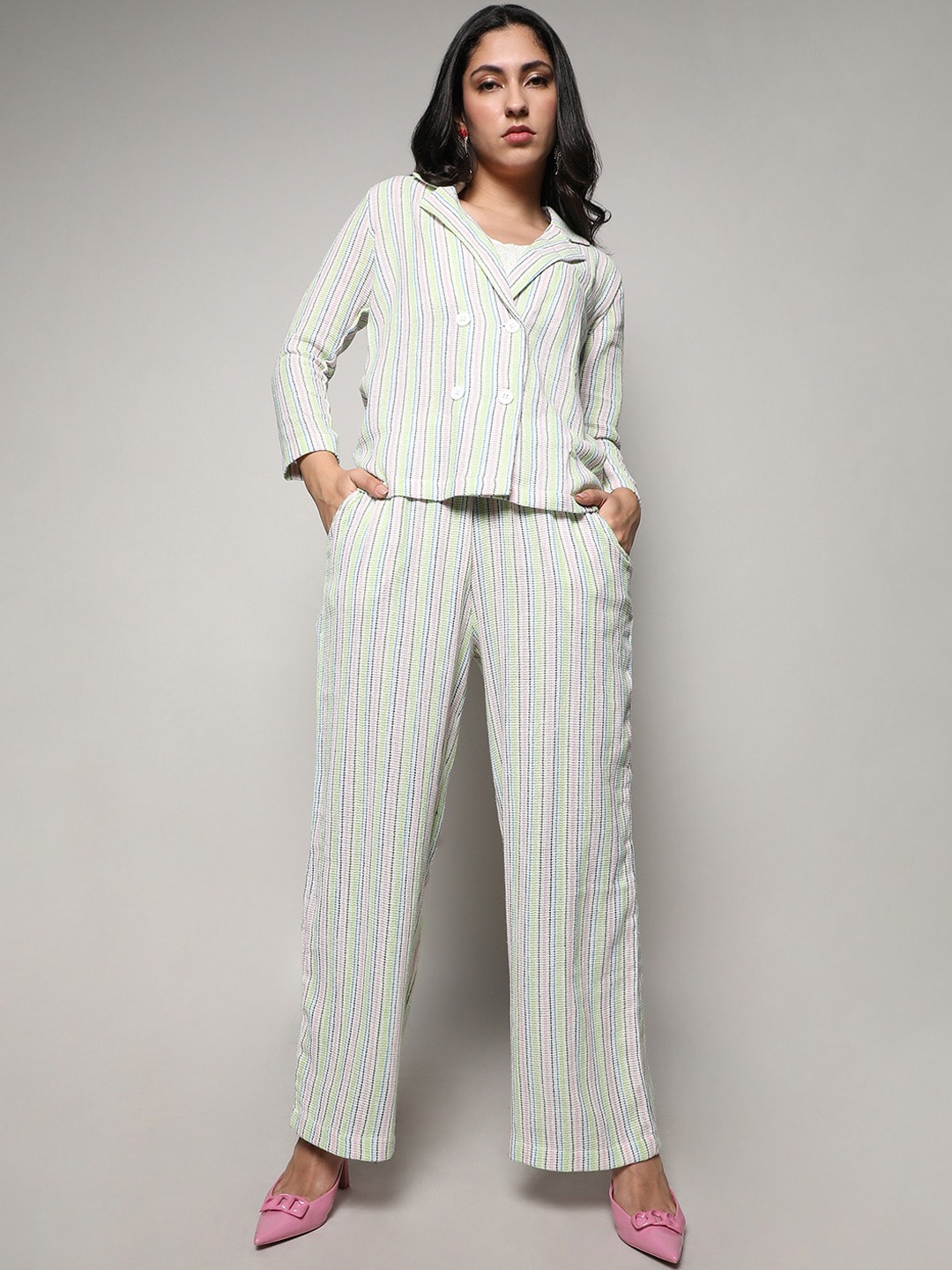 

Campus Sutra Striped Double Breasted Blazer With Trousers Co-Ords, Green