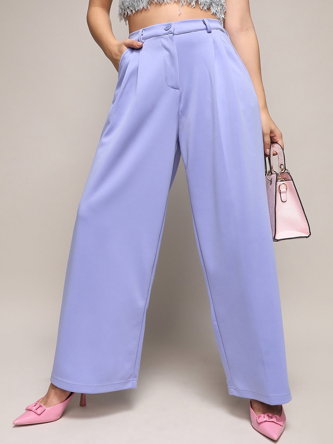 

Campus Sutra Women Relaxed Loose Fit Easy Wash Pleated Trousers, Purple